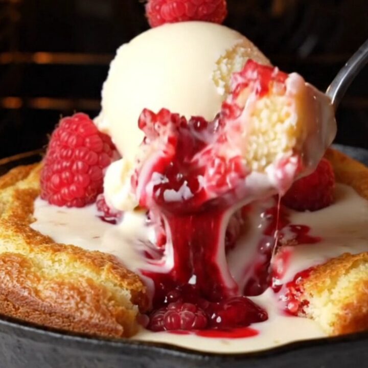 Molten white chocolate raspberry skillet lava cake with vanilla ice cream