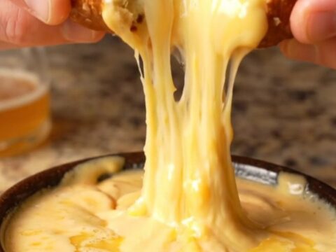 A pile of golden pretzel bites with molten cheese stretching from one, beside a bowl of beer cheese dip.