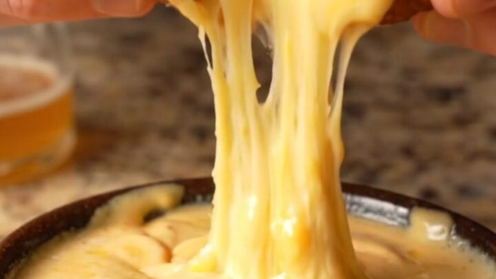 A pile of golden pretzel bites with molten cheese stretching from one, beside a bowl of beer cheese dip.