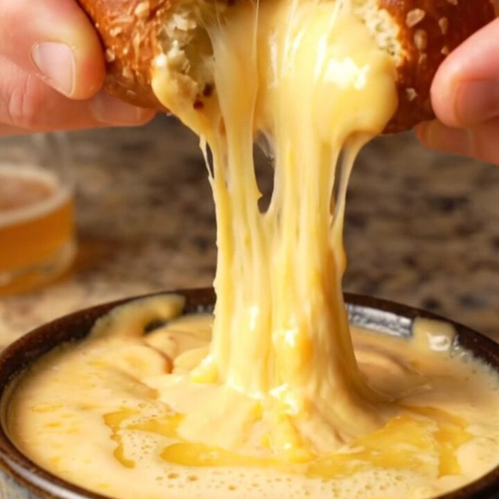 A pile of golden pretzel bites with molten cheese stretching from one, beside a bowl of beer cheese dip.