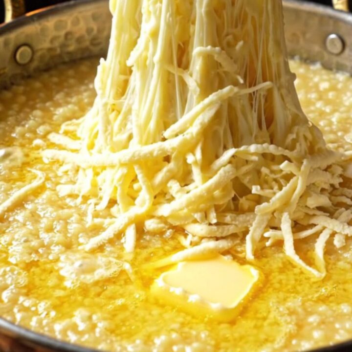 Bubbling copper pan of Turkish mıhlama with a spoon lifting a long cheese pull