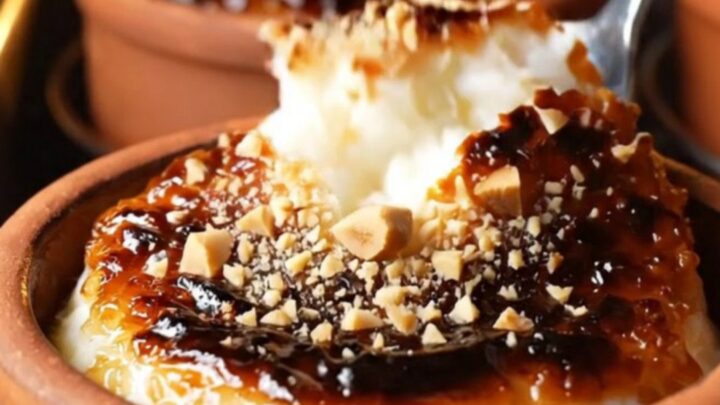 Caramelized top of Turkish rice pudding with cracks and hazelnuts