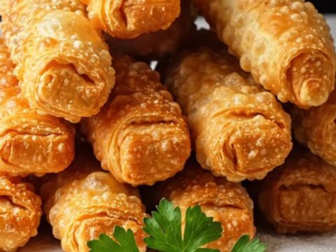 Golden crispy Turkish cigar pastries stacked on a plate, with one broken open showing spiced beef filling.
