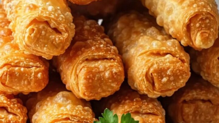 Golden crispy Turkish cigar pastries stacked on a plate, with one broken open showing spiced beef filling.