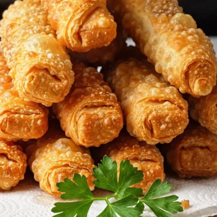 Golden crispy Turkish cigar pastries stacked on a plate, with one broken open showing spiced beef filling.