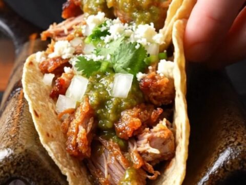Crispy pork carnitas tacos with salsa verde, onions, cilantro, and lime on charred corn tortillas