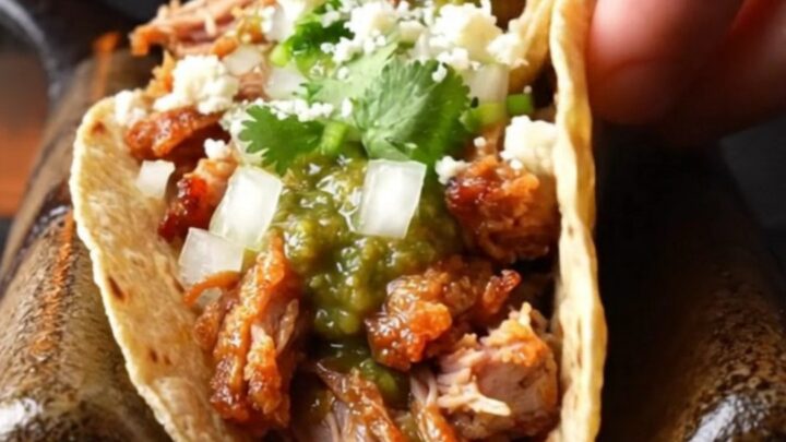 Crispy pork carnitas tacos with salsa verde, onions, cilantro, and lime on charred corn tortillas