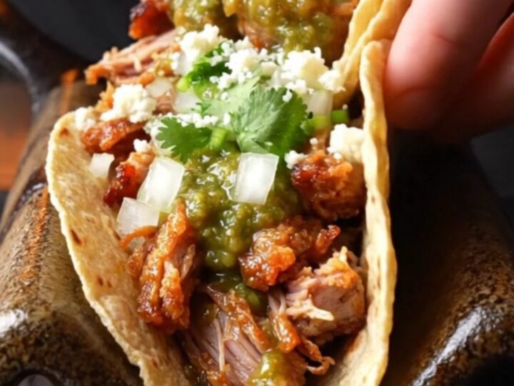 Crispy pork carnitas tacos with salsa verde, onions, cilantro, and lime on charred corn tortillas