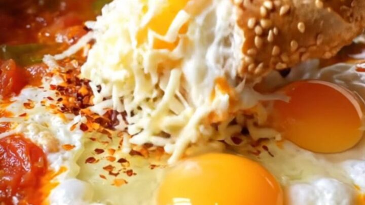 Copper pan of Turkish menemen with melted kaşar cheese and a piece of sesame simit dipping in