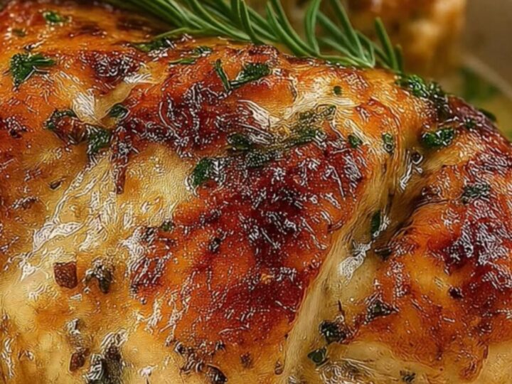 A close-up of tender roasted chicken breasts in a white baking dish covered in a rich, creamy parmesan garlic sauce.