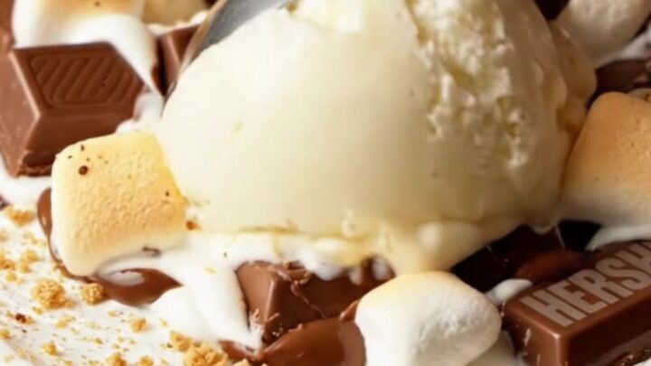 Giant s'mores skillet pizookie with toasted marshmallow fluff and chocolate, served with ice cream