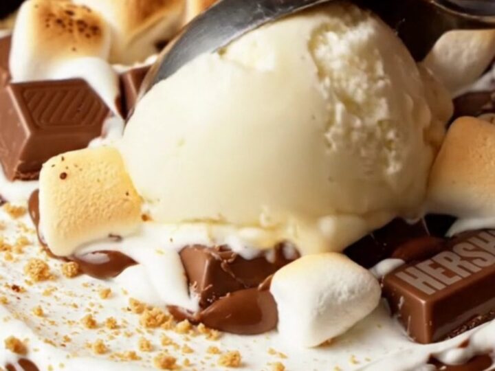 Giant s'mores skillet pizookie with toasted marshmallow fluff and chocolate, served with ice cream