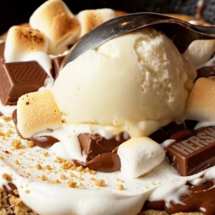 Giant s'mores skillet pizookie with toasted marshmallow fluff and chocolate, served with ice cream