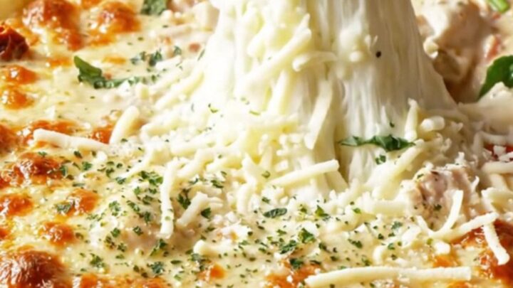 Golden-crusted chicken gnocchi bake in a skillet with melted mozzarella