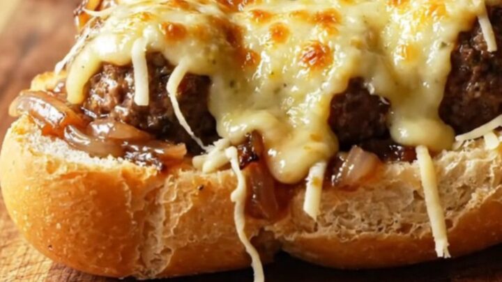 Cheesy French onion meatball sub with melted Gruyère, caramelized onions, and meatballs in a toasted baguette.