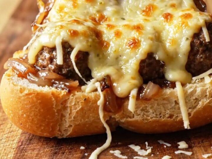 Cheesy French onion meatball sub with melted Gruyère, caramelized onions, and meatballs in a toasted baguette.