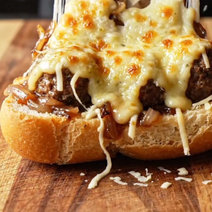 Cheesy French onion meatball sub with melted Gruyère, caramelized onions, and meatballs in a toasted baguette.