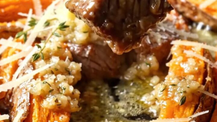 A cast iron skillet with crispy accordion sweet potatoes and seared steak cubes in garlic butter