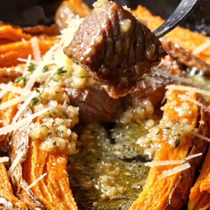 A cast iron skillet with crispy accordion sweet potatoes and seared steak cubes in garlic butter