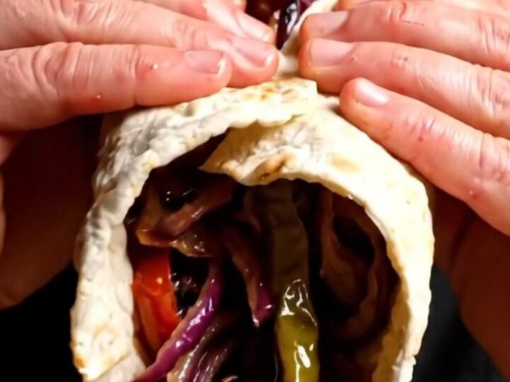 Sizzling Adana kebab on a wide skewer being slid onto warm lavash with charred tomatoes and sumac onions.