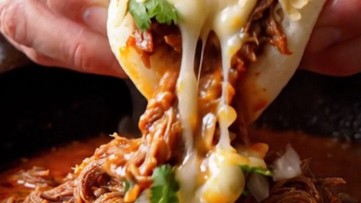 A steamed bao bun stuffed with birria beef and melted cheese, dunked into a bowl of red consommé.