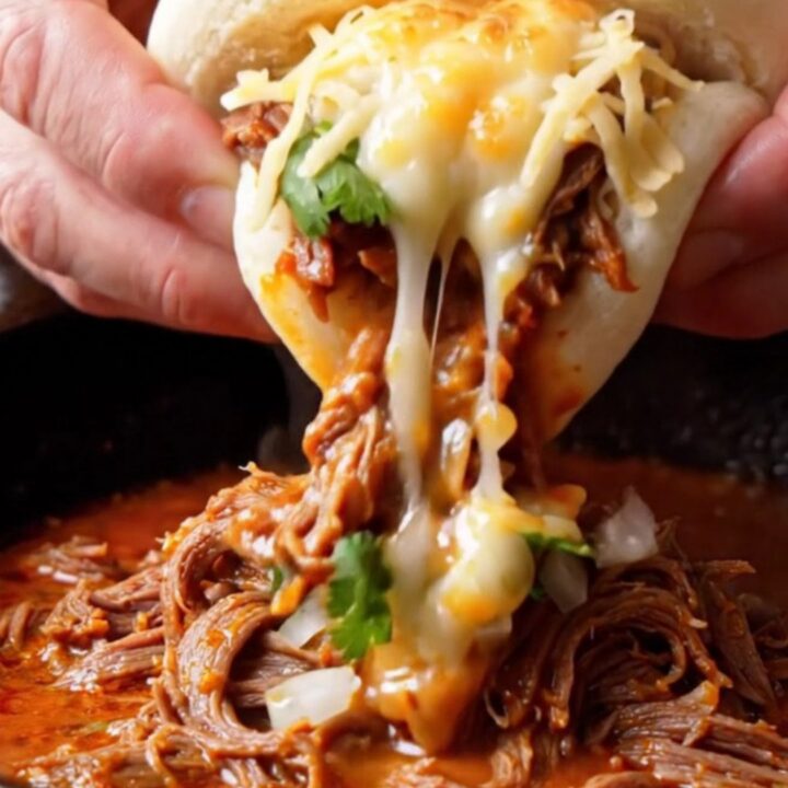A steamed bao bun stuffed with birria beef and melted cheese, dunked into a bowl of red consommé.