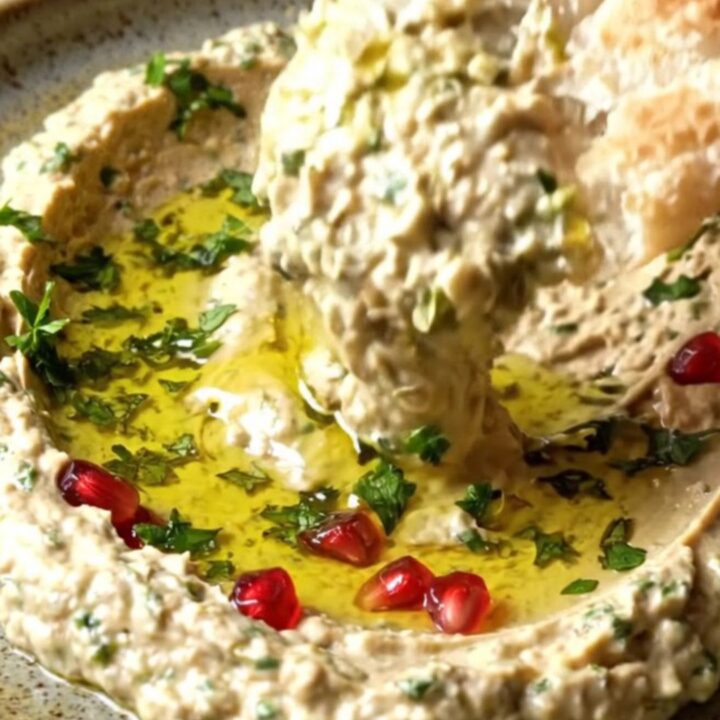 Bowl of smoky Turkish babaganoush topped with pomegranate seeds and a swirl of olive oil, with pita bread on the side.