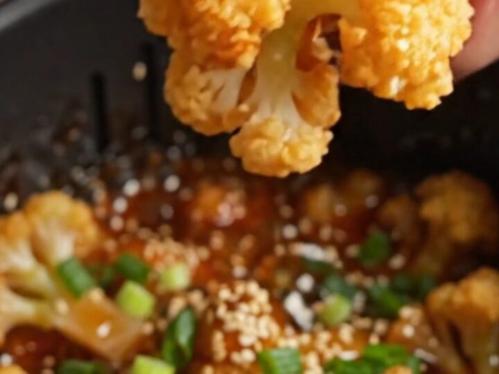 Crispy air-fried sticky sesame cauliflower wings in a bowl, coated in glossy glaze with sesame seeds and scallions