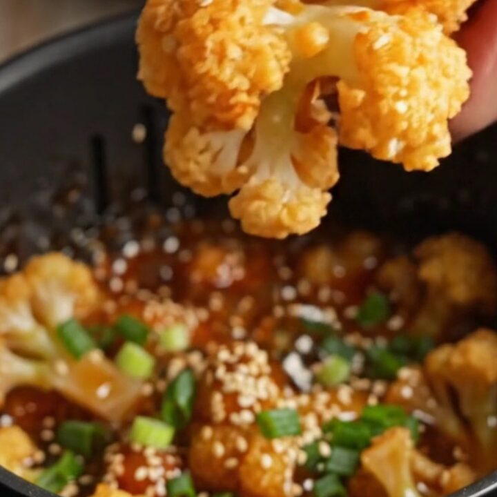 Crispy air-fried sticky sesame cauliflower wings in a bowl, coated in glossy glaze with sesame seeds and scallions