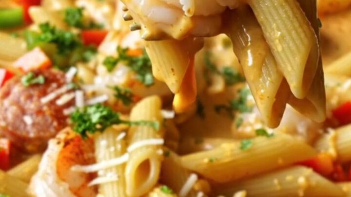 A cast iron skillet filled with creamy Cajun penne pasta, shrimp, and sausage, garnished with parsley.