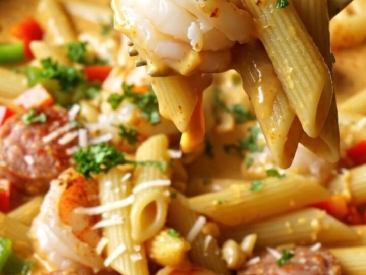 A cast iron skillet filled with creamy Cajun penne pasta, shrimp, and sausage, garnished with parsley.