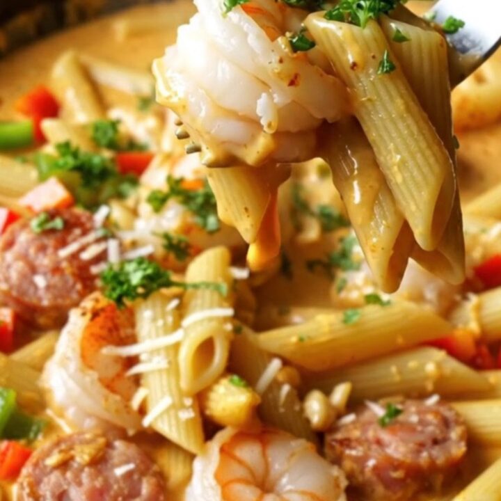 A cast iron skillet filled with creamy Cajun penne pasta, shrimp, and sausage, garnished with parsley.