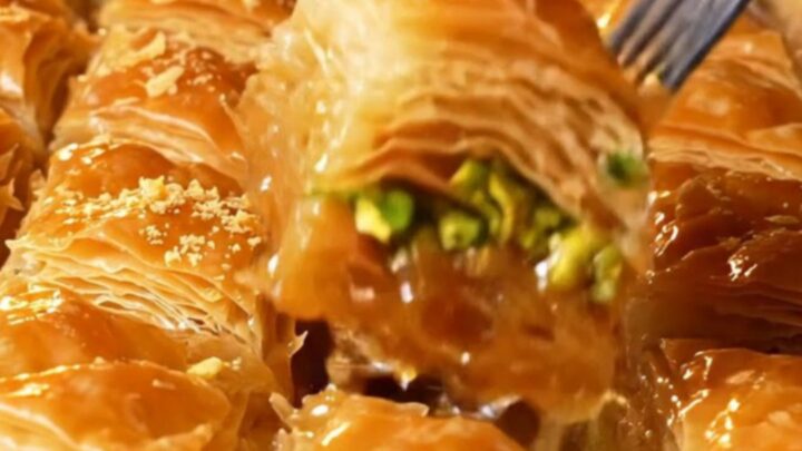 Golden diamond-cut baklava with pistachios and syrup being poured over