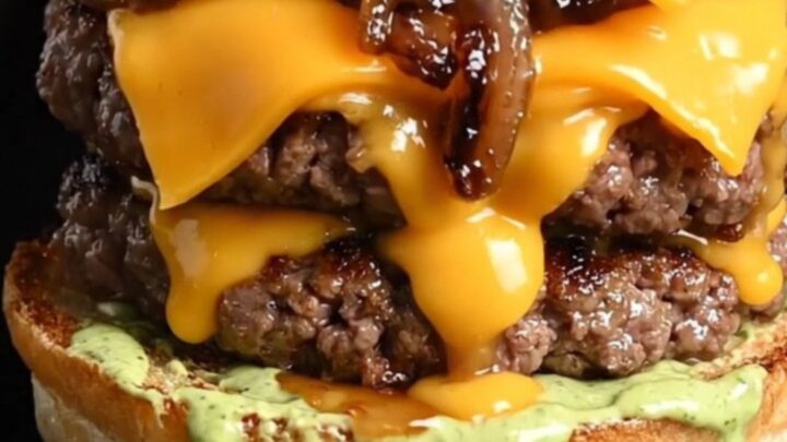 Double Wagyu smash burger with melted cheddar, caramelized onions, and wasabi aioli on a toasted brioche bun