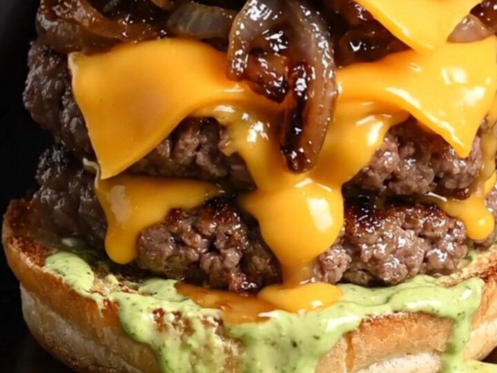 Double Wagyu smash burger with melted cheddar, caramelized onions, and wasabi aioli on a toasted brioche bun