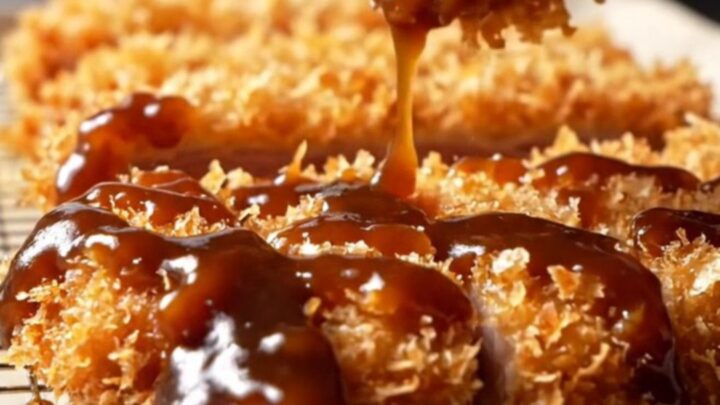 Sliced tonkatsu cutlet with crispy panko crust and juicy pork, drizzled with sauce, served with rice and cabbage