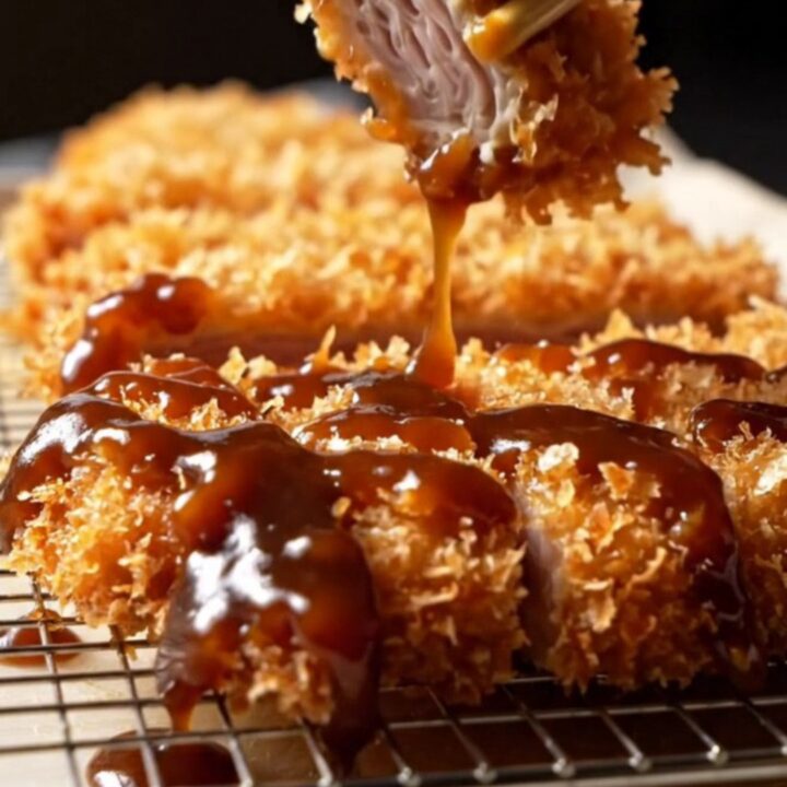Sliced tonkatsu cutlet with crispy panko crust and juicy pork, drizzled with sauce, served with rice and cabbage
