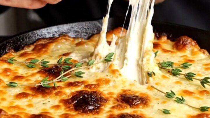 A cast iron skillet filled with bubbling French onion dip, topped with melted Gruyère and garnished with fresh thyme