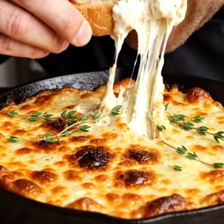 A cast iron skillet filled with bubbling French onion dip, topped with melted Gruyère and garnished with fresh thyme