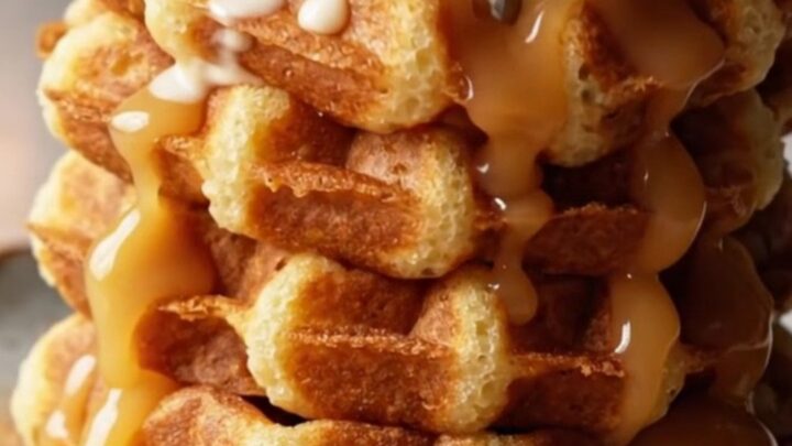 Stack of golden churro waffles topped with vanilla ice cream and warm dulce de leche cascading down the sides.