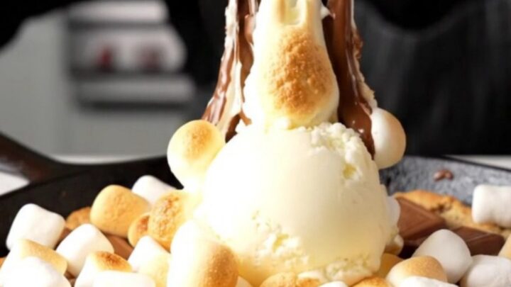 Giant s'mores skillet cookie with golden toasted marshmallows and melted chocolate in a cast iron skillet
