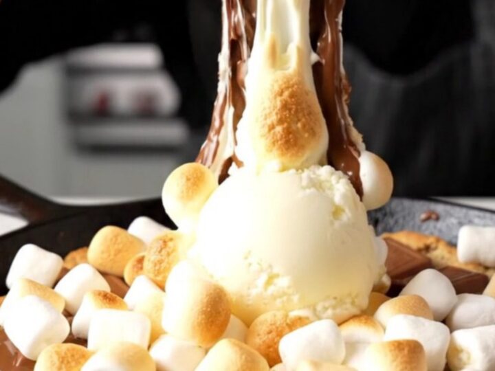 Giant s'mores skillet cookie with golden toasted marshmallows and melted chocolate in a cast iron skillet