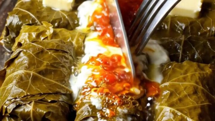 A pot of Turkish stuffed grape leaves topped with garlic yogurt and red pepper butter