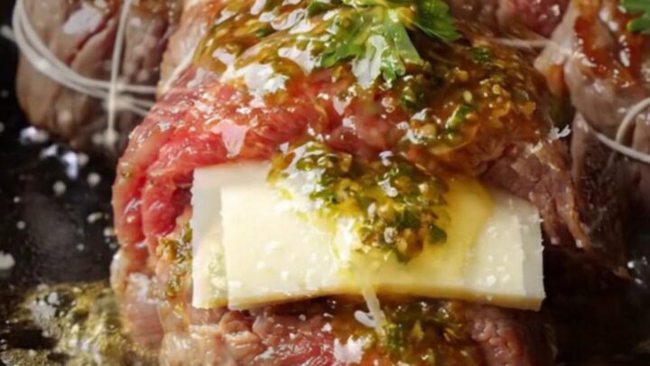 Chimichurri butter flank steak pinwheels seared in a cast-iron skillet, with melted cheese and herb sauce