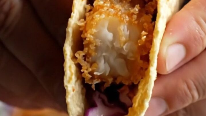 Golden beer-battered fish tacos with purple cabbage slaw and chipotle crema on corn tortillas