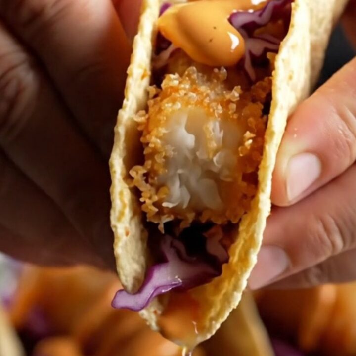 Golden beer-battered fish tacos with purple cabbage slaw and chipotle crema on corn tortillas