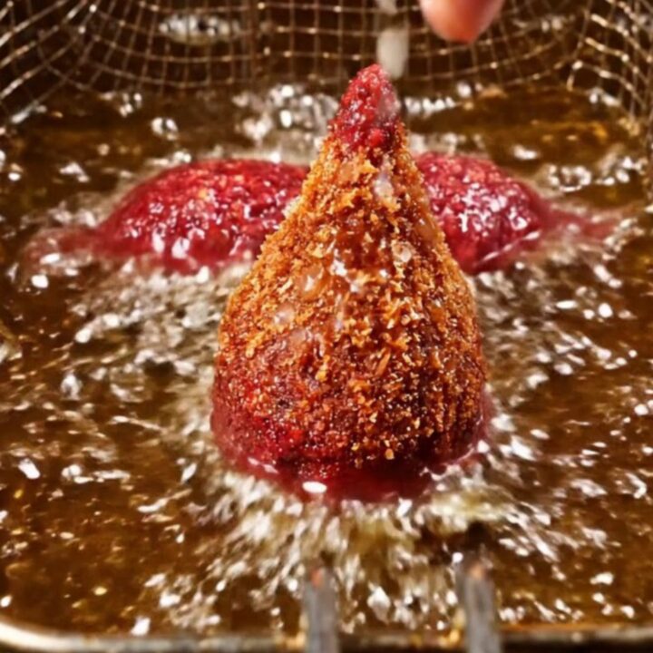 A golden brown İçli Köfte split in half, showing the spiced beef and walnut filling with steam rising.