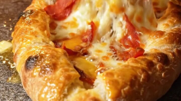 Crispy Turkish pide with melted cheese and sucuk, sliced and pulling cheese