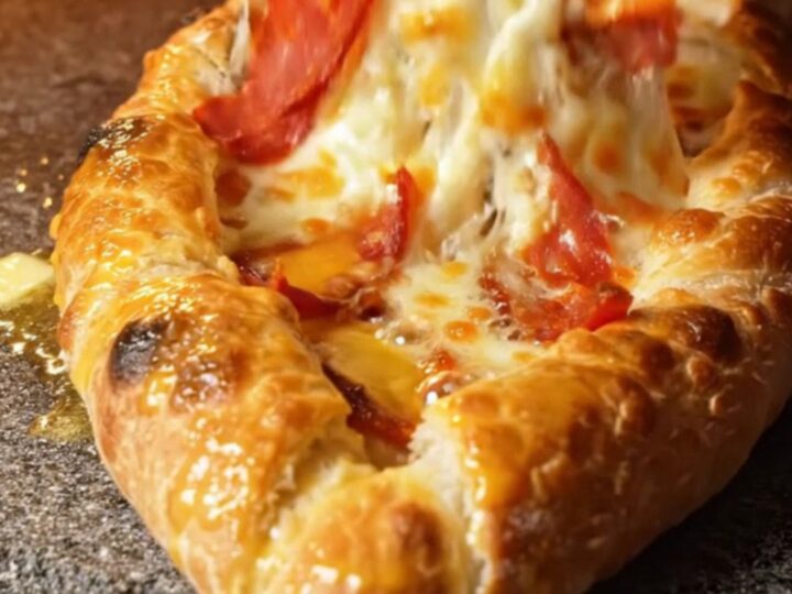 Crispy Turkish pide with melted cheese and sucuk, sliced and pulling cheese