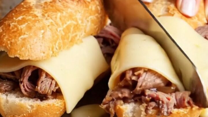 French dip baguette with roast beef, provolone, and au jus